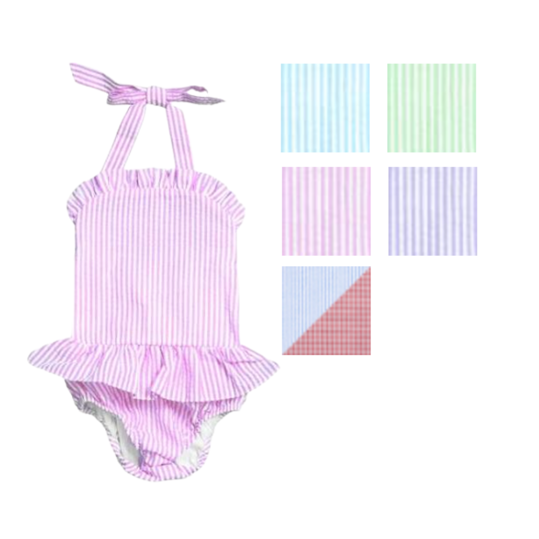Ruffle Trim Seersucker Swimsuit