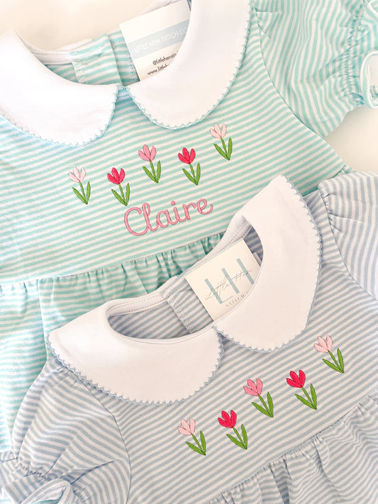 Aqua Stripe Embroidered Tulip Dress