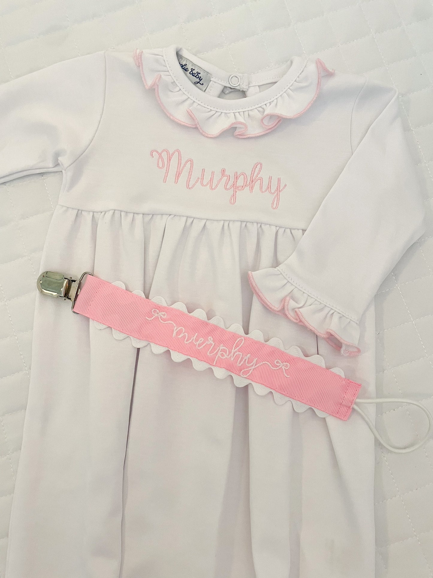 Magnolia Baby Gown with Pink Trim Ruffle